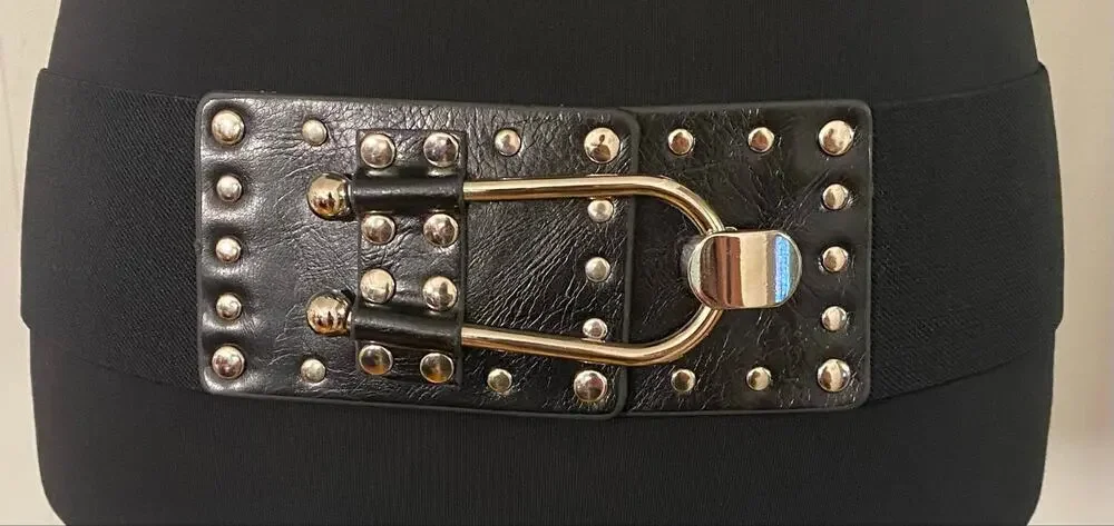 Black Wide Stretch Waist Belt Silver Studded 35